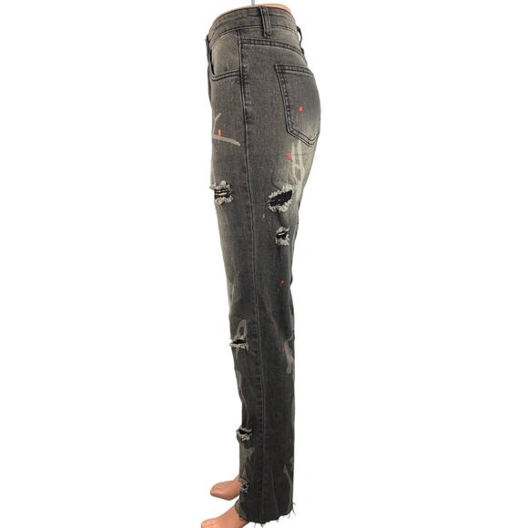 Shein Paint Splatter Black Distressed Straight Skinny Slim Leg Denim Jeans 27 - Picture 2 of 5